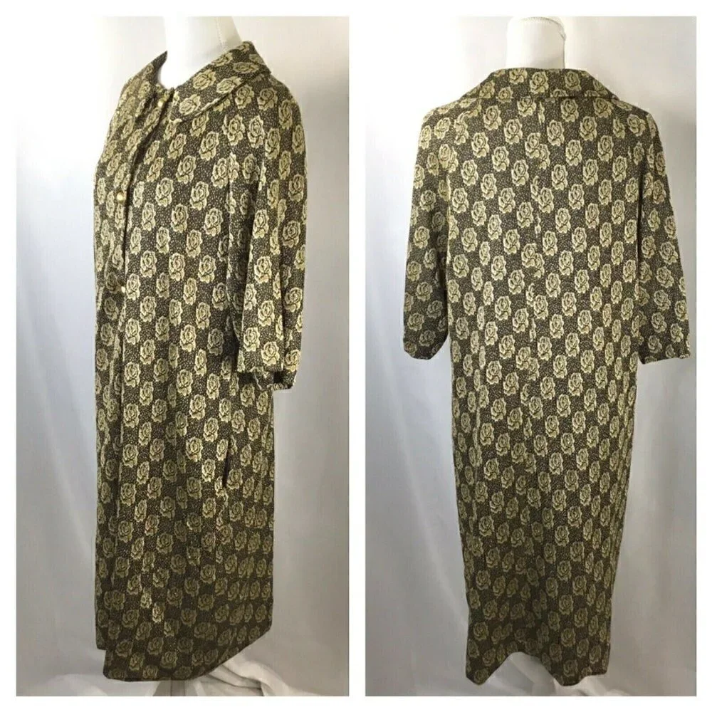 Vtg Dressing Gown Timely Fashions Womens Sz 14 Kimono Robe Gold Black 3/4 Sleeve